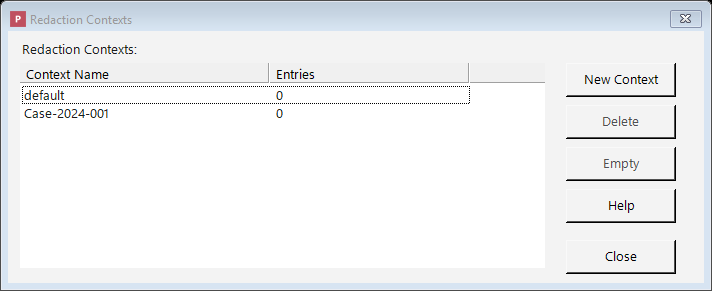 The Contexts window in Philter Desktop, listing the available contexts