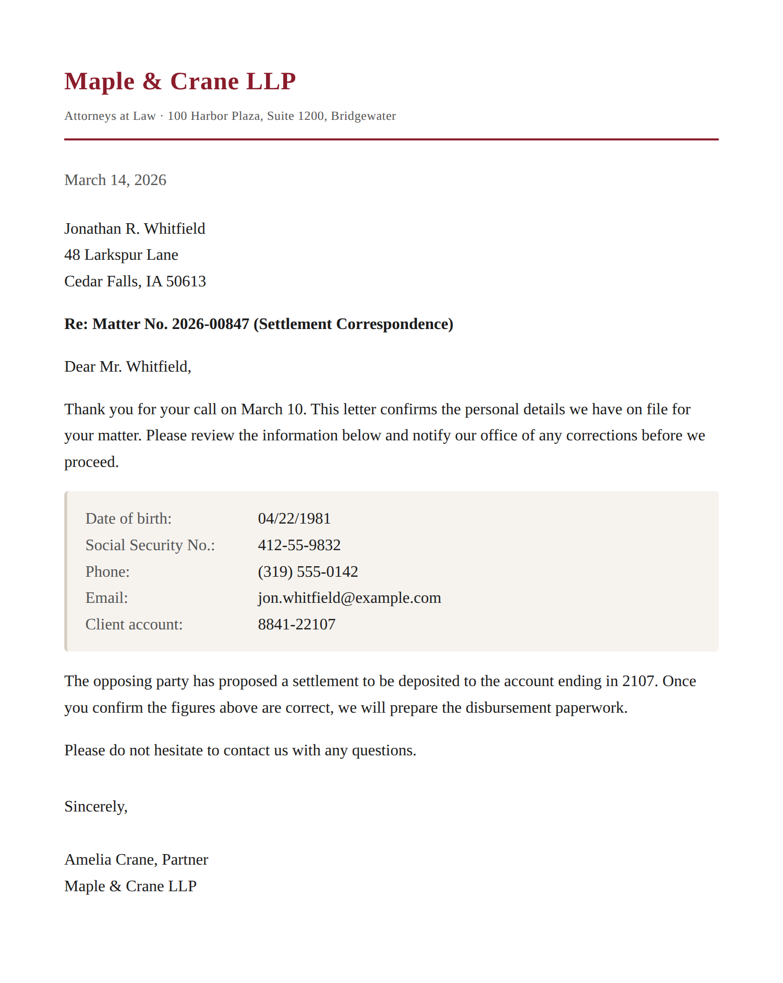 A law firm letter showing a client's name, address, date of birth, Social Security number, phone, email, and account numbers in plain text