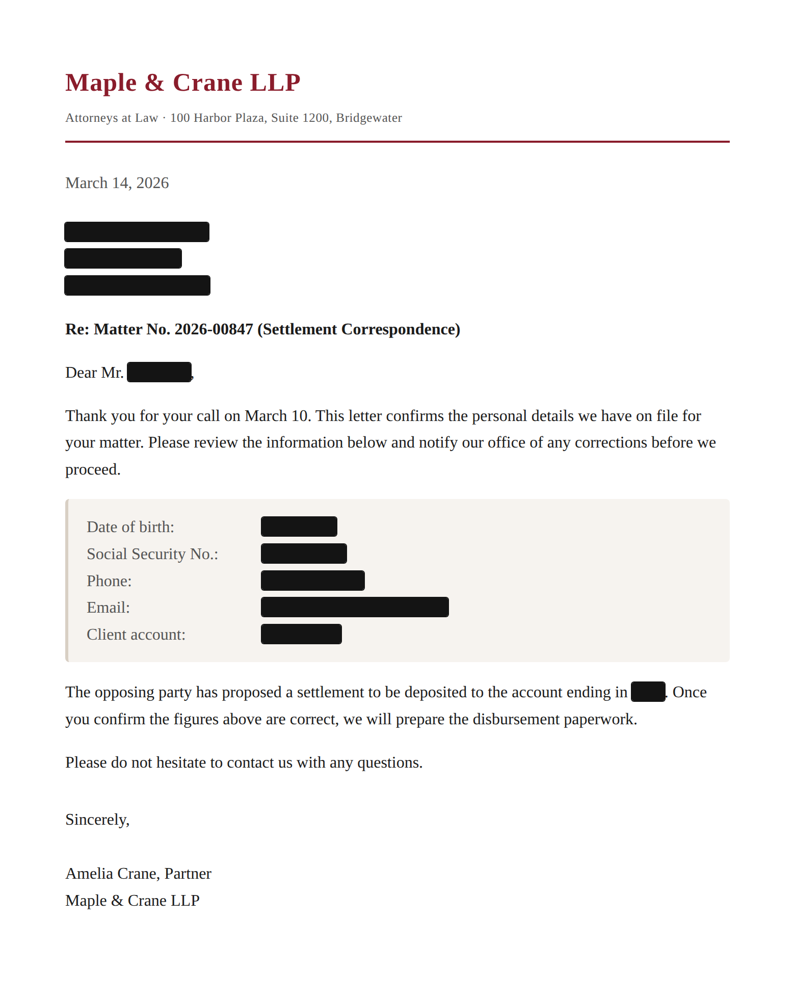 The same letter after redaction, with the personal details blacked out