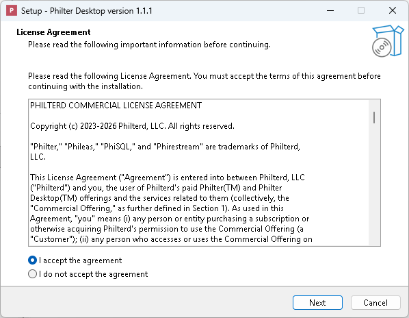 The setup wizard's License Agreement page, showing the Philterd Commercial License Agreement with "I accept the agreement" selected