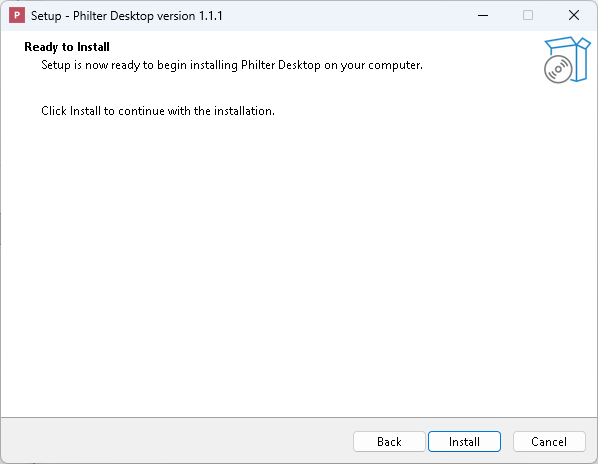 The setup wizard's Ready to Install page, with Back, Install, and Cancel buttons