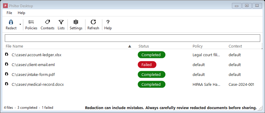 Philter Desktop main window with a queue of documents, each showing its redaction status, policy, and context