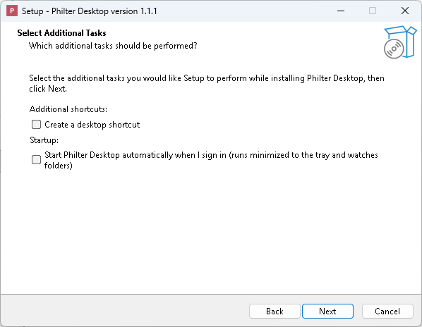 The setup wizard's Select Additional Tasks page, with unticked checkboxes for a desktop shortcut and for starting automatically at sign-in