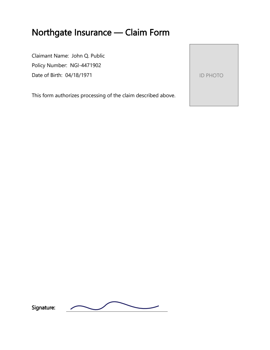 Example claim form with an ID photo and a signature at fixed positions
