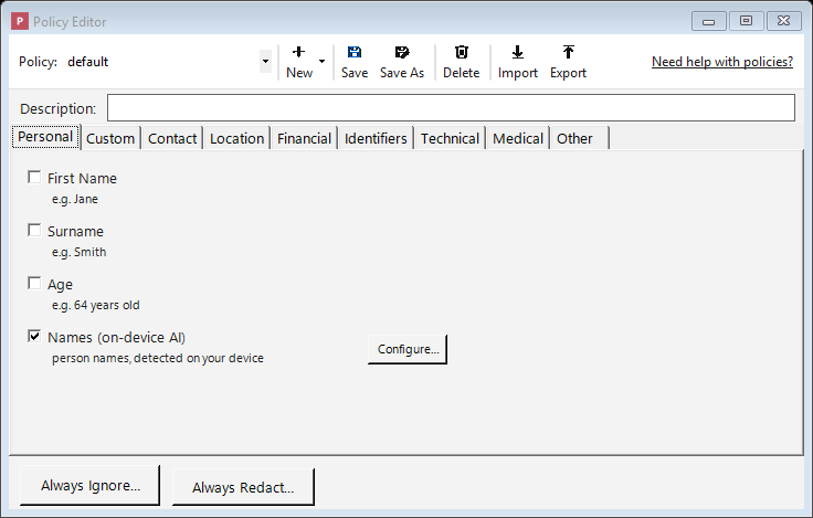 The Policy Editor showing detector categories organized into tabs, with checkboxes for each kind of information