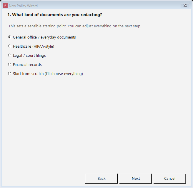 The New Policy Wizard asking what kind of documents you are redacting