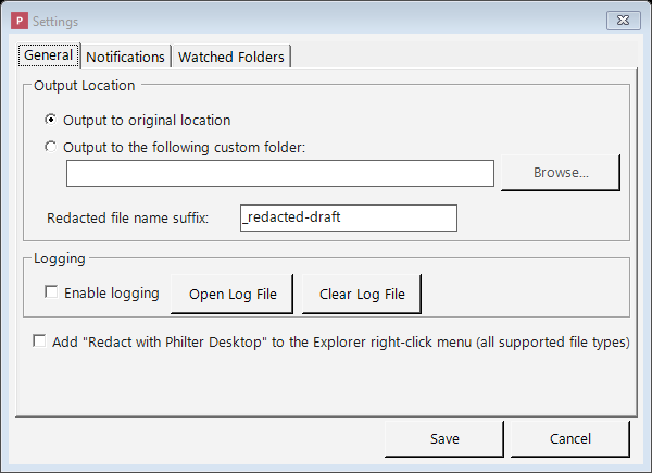 The Settings window showing the output location, logging, and Windows Explorer integration options