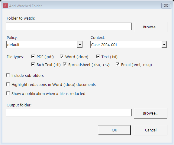 The Add Watched Folder dialog: a folder to watch, a policy and context, file-type checkboxes, and an output folder